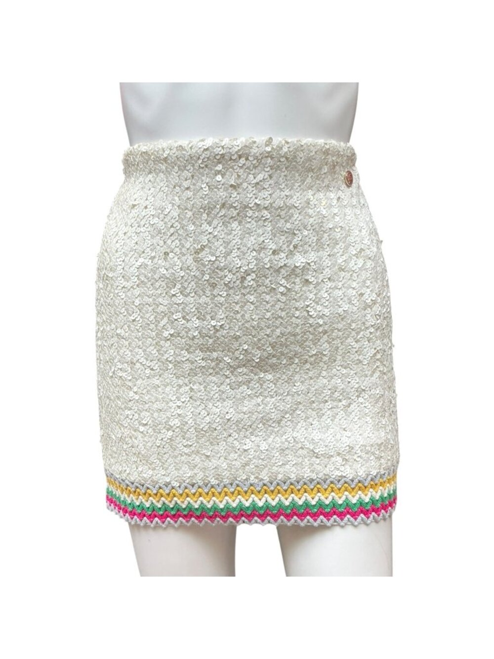 CHANEL WHITE SEQUINED KNIT SKIRT WITH MULTI-COLOR TRIM SZ 2